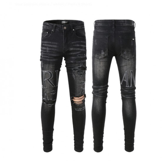 #844 amiri black leather letters jeans black