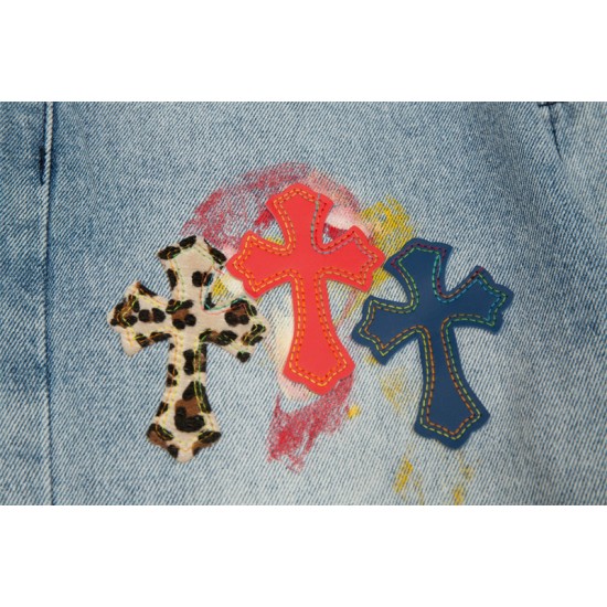 [Best Quality] CH Leopard Colorful Crosses Patch Ripped Denim Jeans