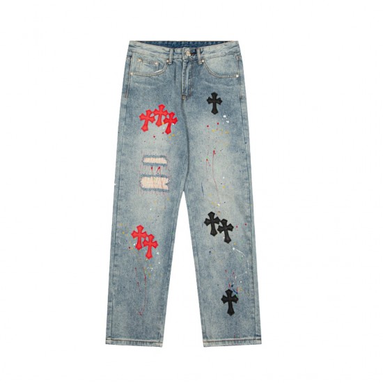 [Best Quality] CH Red Black Crosses Patch Ripped Denim Jeans