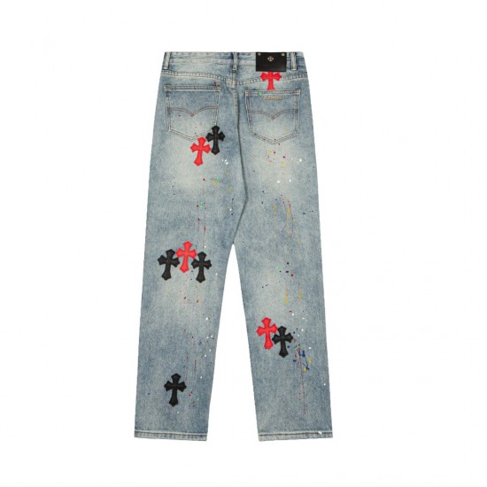 [Best Quality] CH Red Black Crosses Patch Ripped Denim Jeans