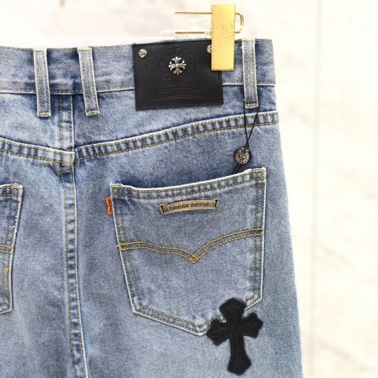 [Best Quality] CH Black Leather Crosses Patch Denim Jeans